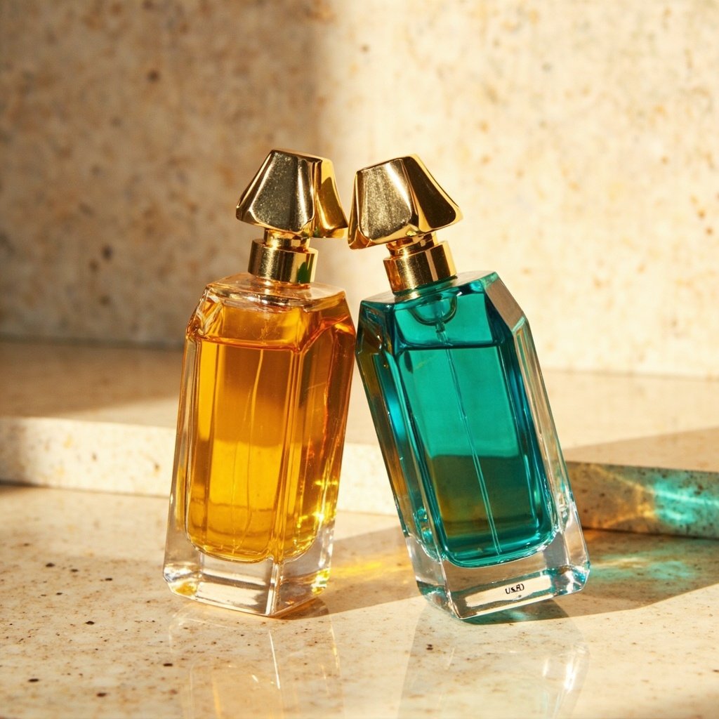 Faceted Amber & Teal Perfume Bottle Wholesale Striped Gold Cap